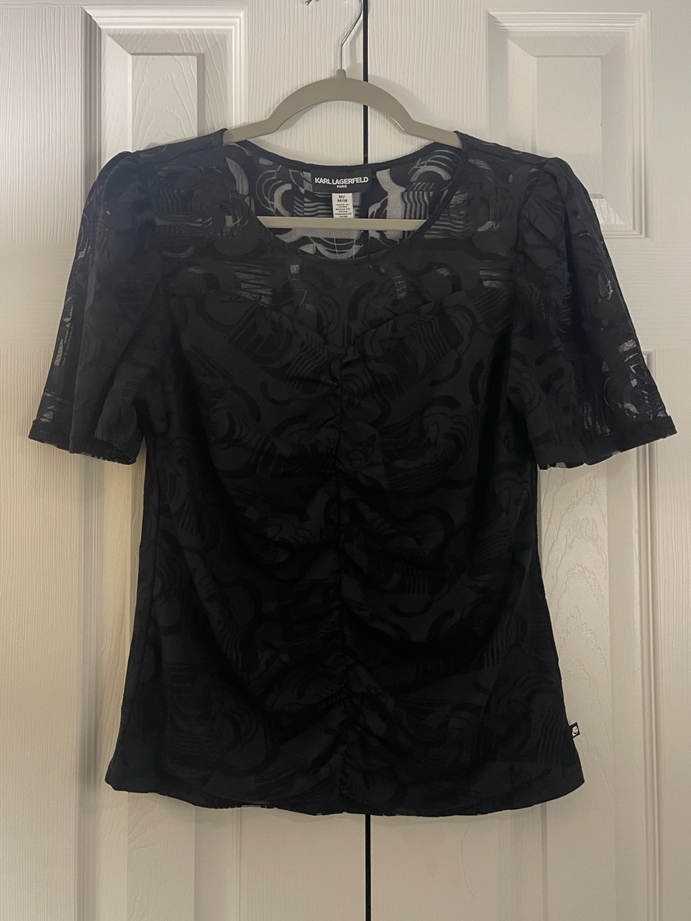 Karl Lagerfeld Black Sheer Sweetheart Neck Puff Sleeve Top